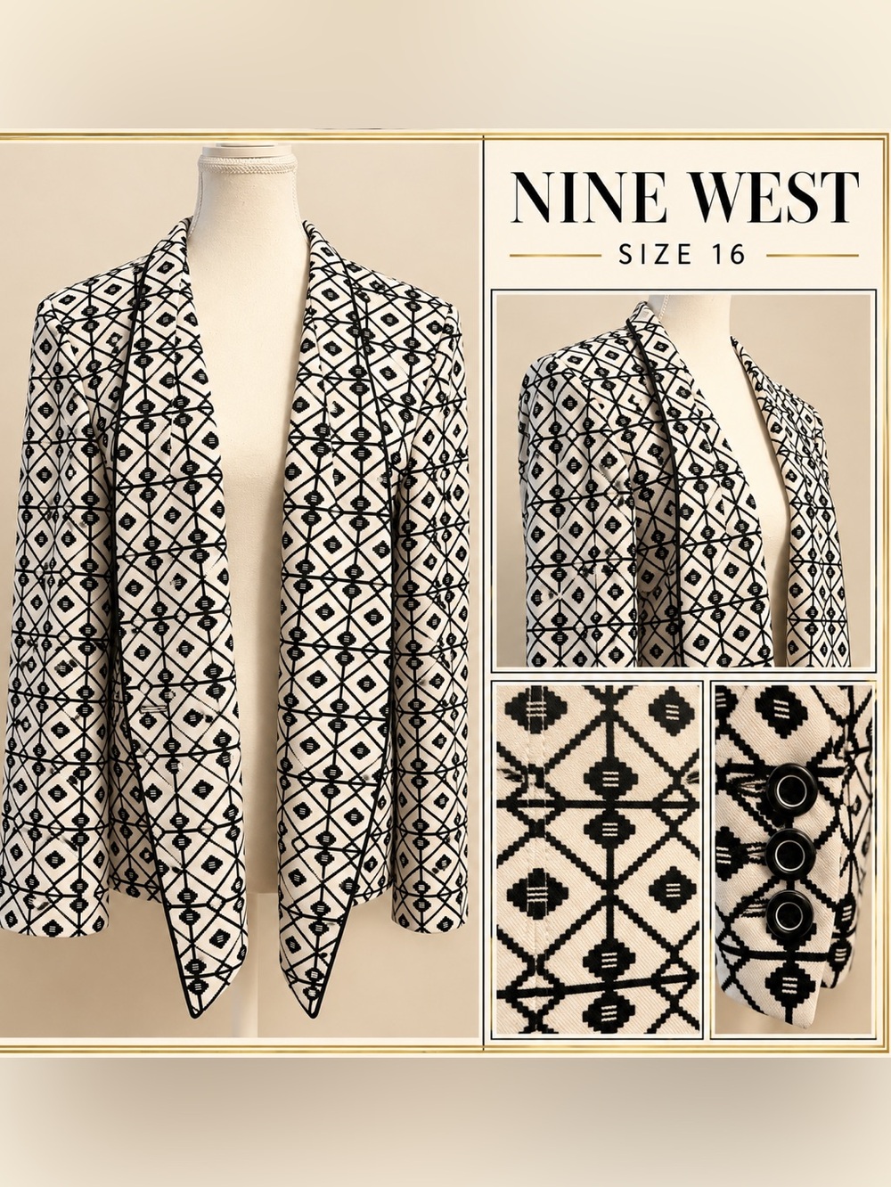 Nine West Size 16 Geometric Open Front Blazer